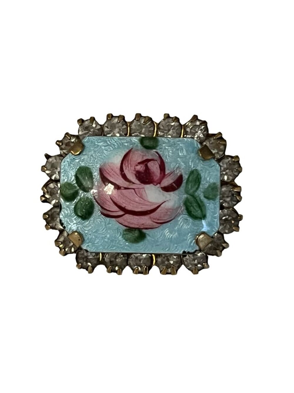 Vintage Enamel Rose Brooch Rhinestone Border Blue Floral Pin Cottagecore Romanti